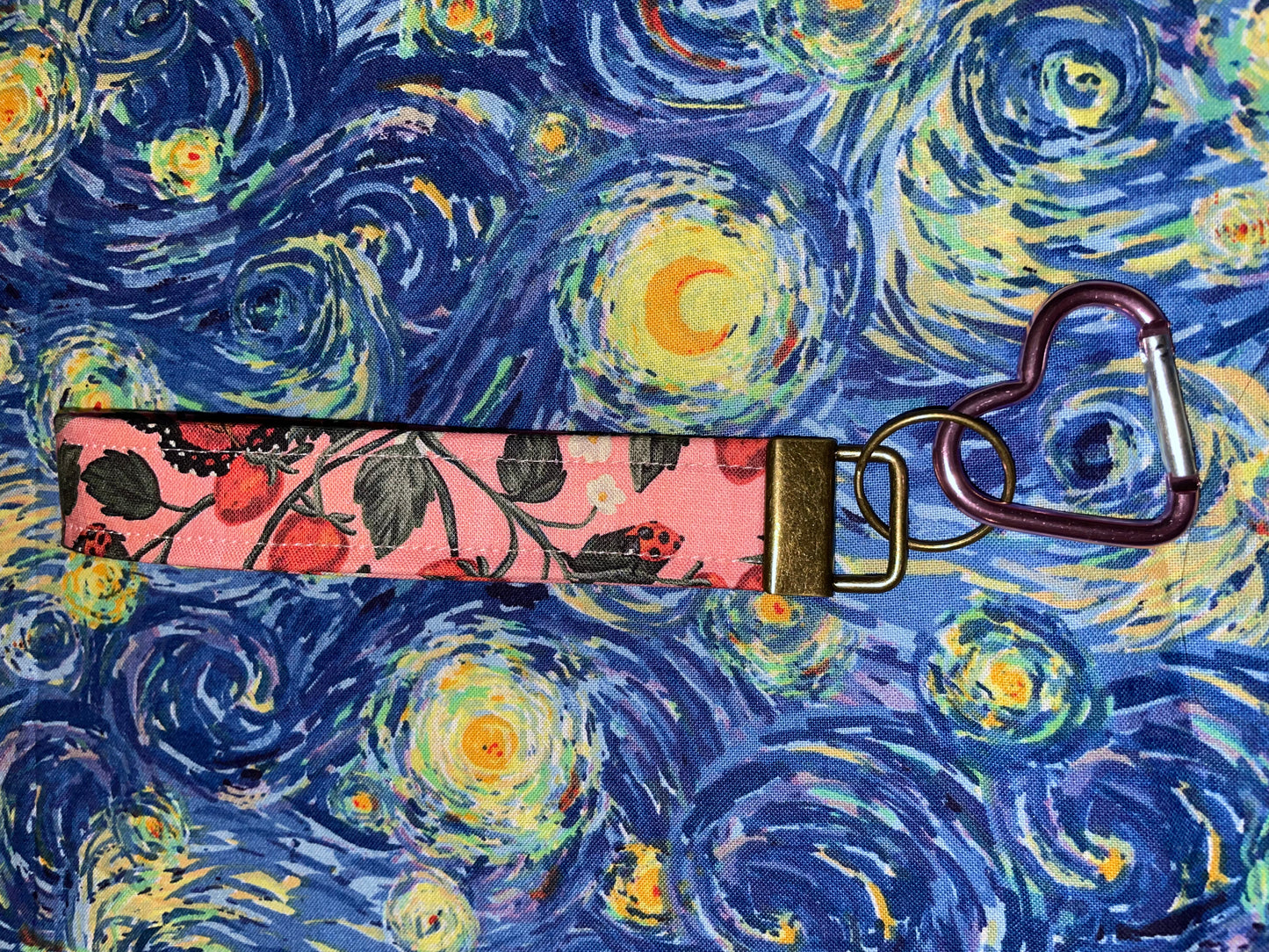 butterflies in a strawberry garden keychain fob + heart carabiner (recycled piece!)