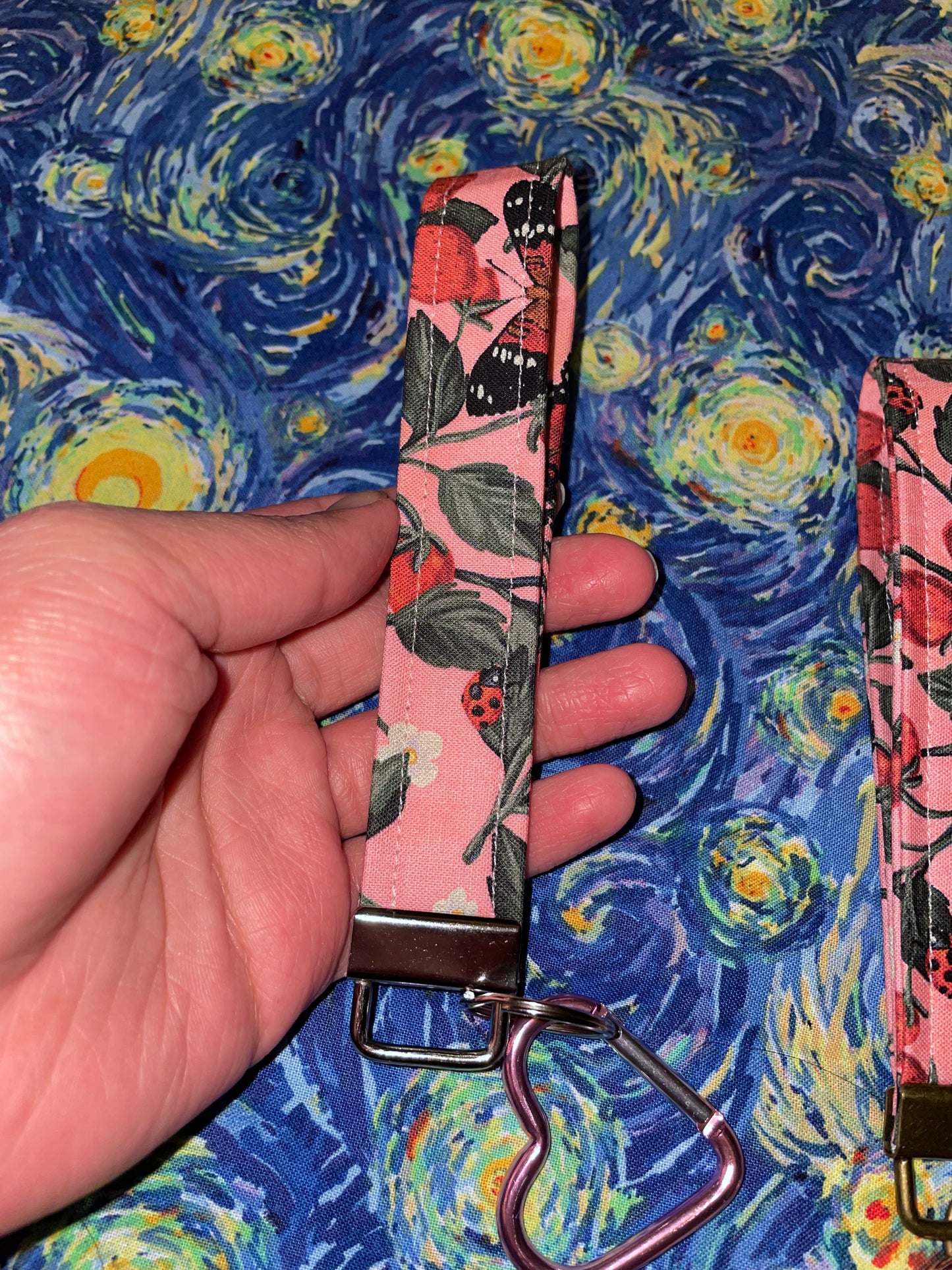 butterflies in a strawberry garden keychain fob + heart carabiner (recycled piece!)