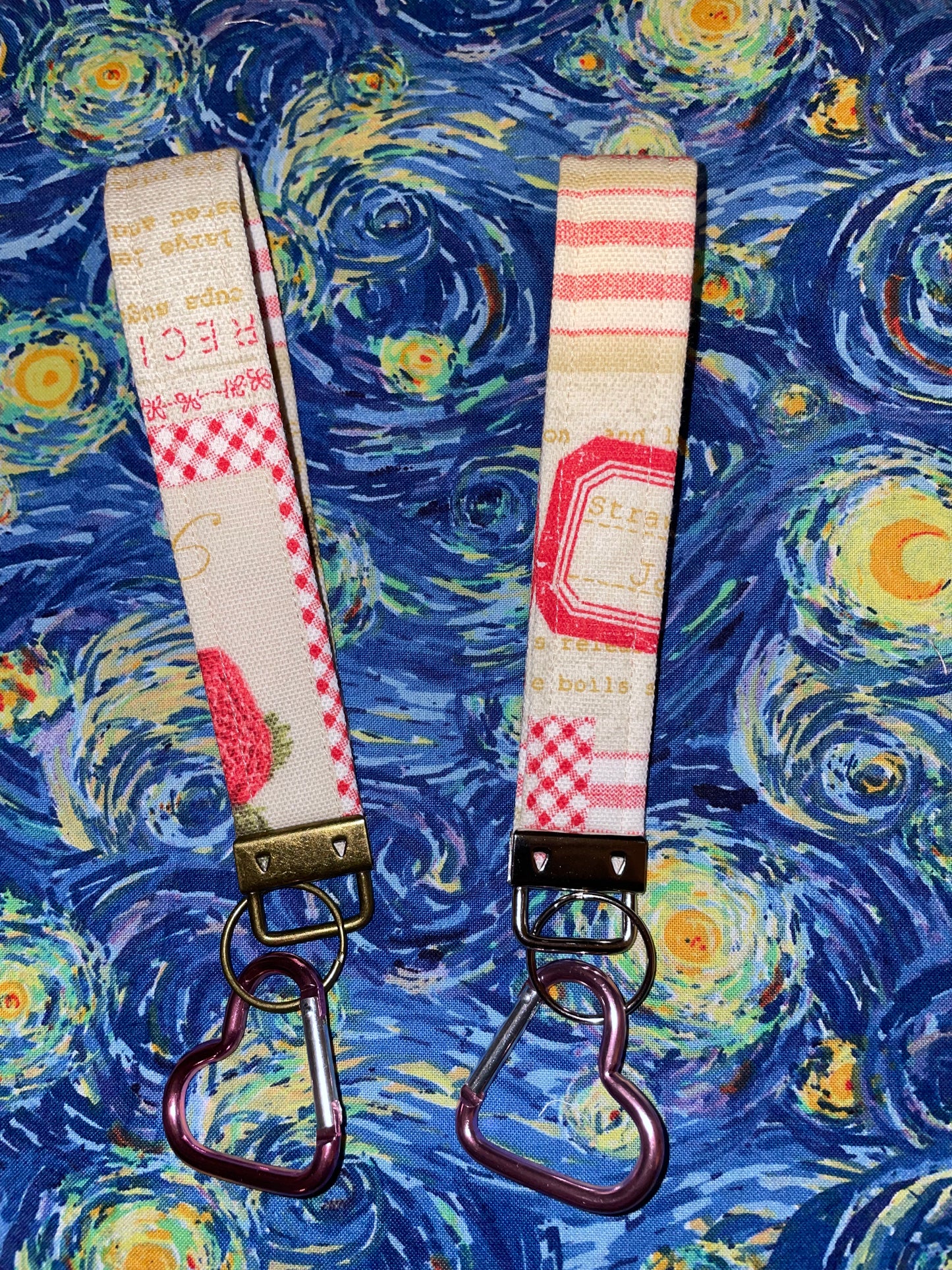 strawberry recipe keychain fob + heart carabiner (recycled fabric!)