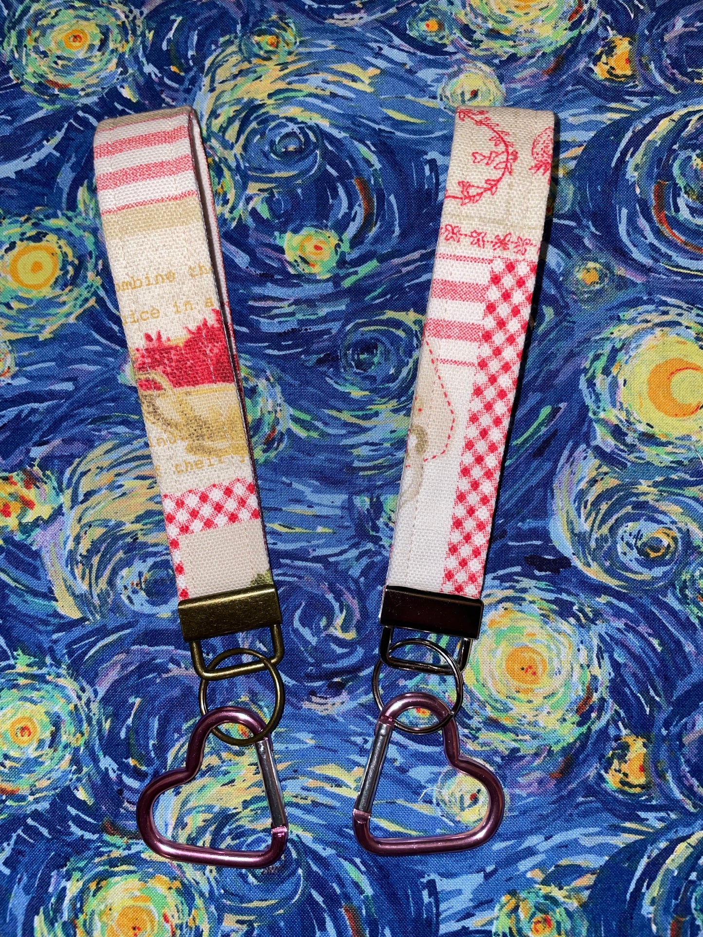 strawberry recipe keychain fob + heart carabiner (recycled fabric!)
