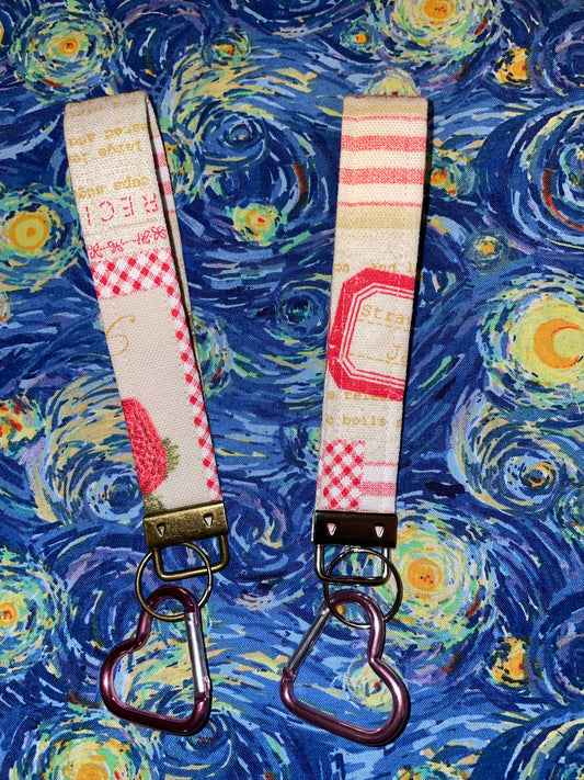 strawberry recipe keychain fob + heart carabiner (recycled fabric!)