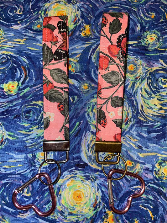 butterflies in a strawberry garden keychain fob + heart carabiner (recycled piece!)